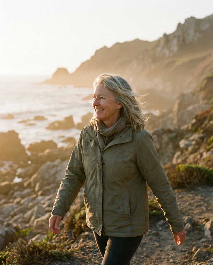 Woman walking a coastal path at sunrise