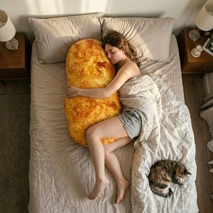 Oversized plush Nugget pillow lounging on a sofa