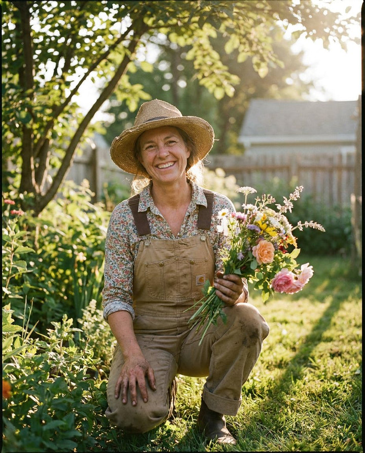 Woman gardening with fresh-cut flowers