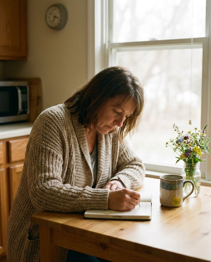Woman journaling with herbal tea in the morning