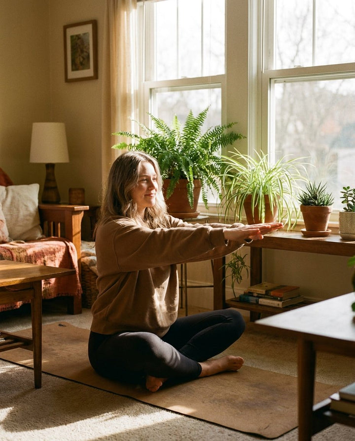 Woman doing gentle morning yoga by a bright window